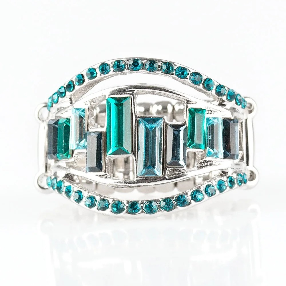 NEW Adjustable Silver and Green Art Deco Ring with Emerald-Cut Stones
